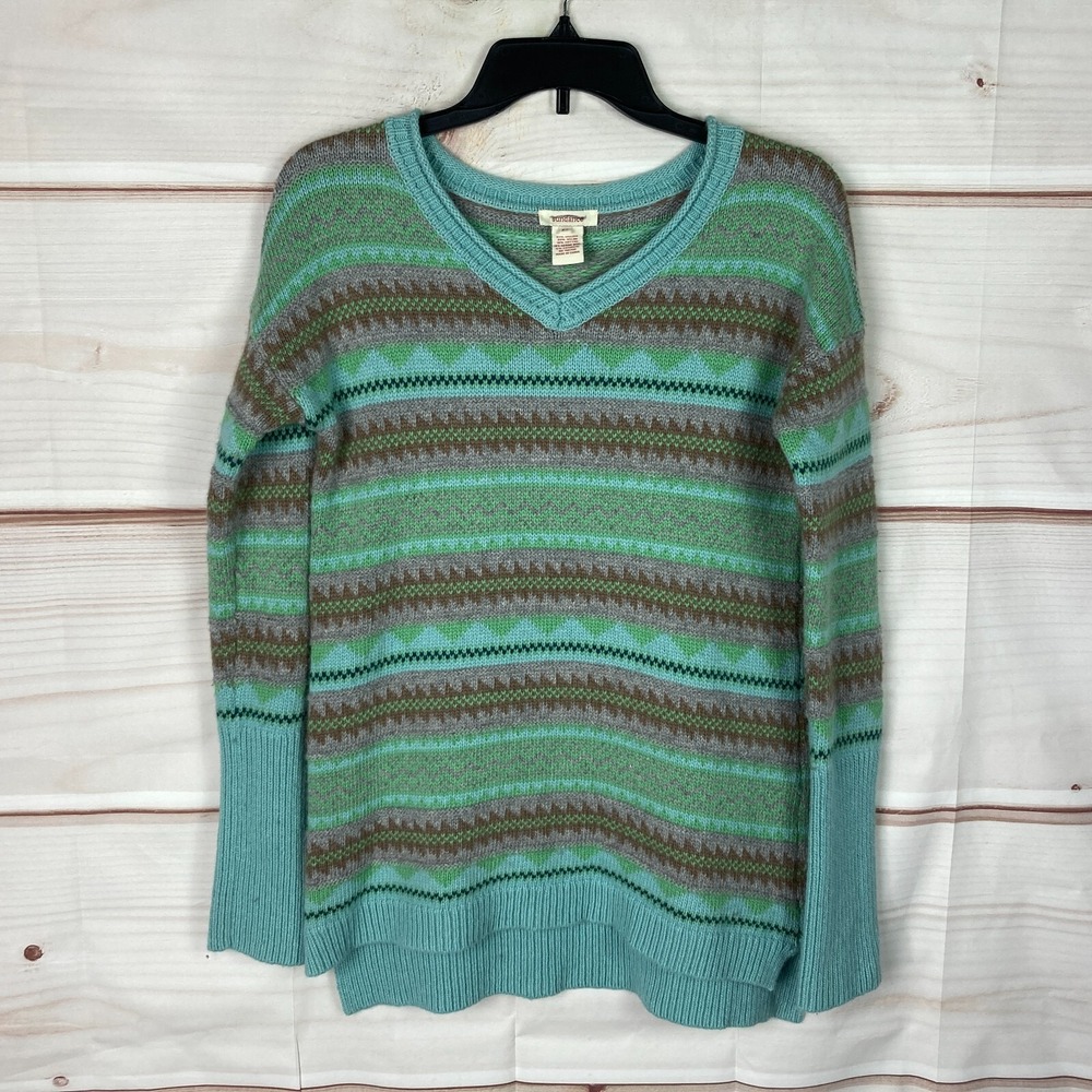 Sundance Sweater Womens XS Green Stripe V-Neck Pullover Tunic Wool Blend Knit